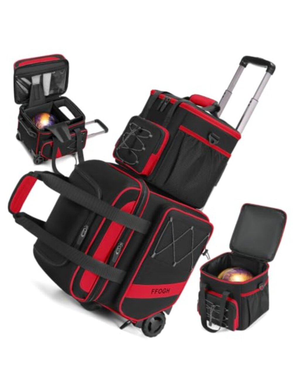 2 Ball Bowling Bag with Wheels and Detachable Single Tote, 900D Oxford